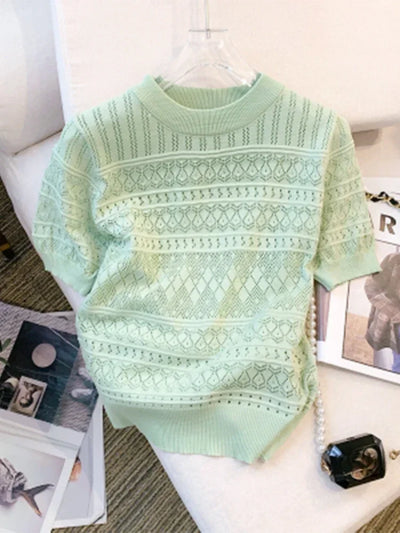 Women's T-Shirts Summer Thin Hollow Out Crew Neck Pullover Sweater Versatile Short Sleeve Knitted Top Women's Clothing