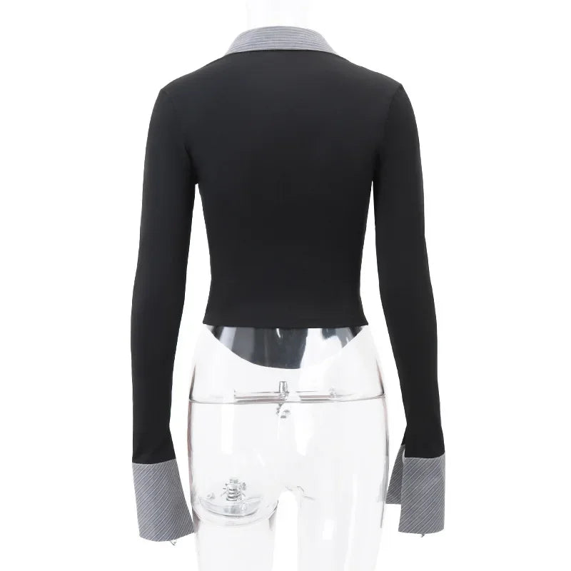New Women Striped POLO Collar Retro Sexy Spicy Girl Long Sleeved Top Female Clothes 2024 Summer Women's Fashion Skinny T-shirt