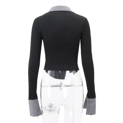 New Women Striped POLO Collar Retro Sexy Spicy Girl Long Sleeved Top Female Clothes 2024 Summer Women's Fashion Skinny T-shirt