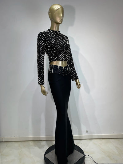 Women Luxury Pearl Sequin Embroidery Bandage Outfits Dress Long Sleeve Crop Top Long Flare Skirt 2 Pieces Set Evening Party