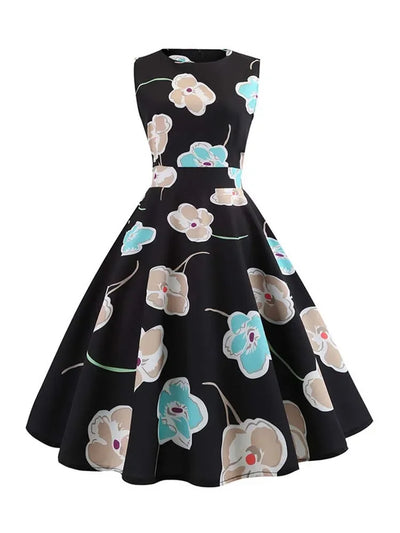 Women's Summer Sleeveless Midi Dress Green Leaf Print O-Neck Retro Vintage Party Robe Casual Elegant Female Clothing