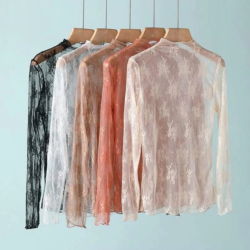 Women Mesh T-Shirts Transparent Lace Blouse Long Sleeve See Through Tops