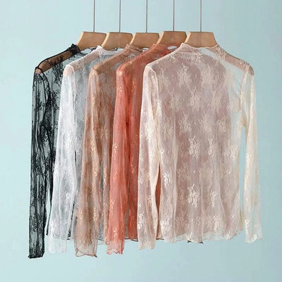 Women Mesh T-Shirts Transparent Lace Blouse Long Sleeve See Through Tops