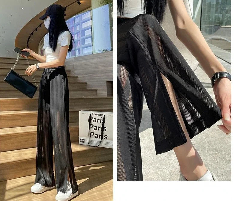 Wide Leg Elastic Waist Trousers for Woman Straight Women's Pants Black Stripe White Clothing High Quality Classic Y2k Streetwear