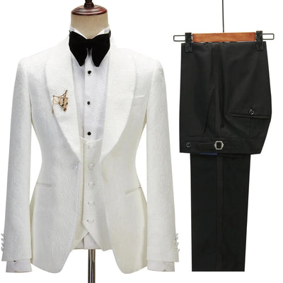 2025 Men's Suit for Wedding Ivory Jacquard Shawl Lapel White Jacket Black Pants with Satin Side Stripe Jacket Tuxedo Slim Fit - Elanique