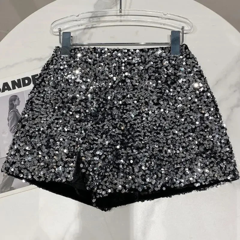 2025 New Summer Spring New Full Sequined Shiny Casual Shorts Heavy Zipper Nightclub Socialite Short Shorts Hot Pants for Women - Elanique