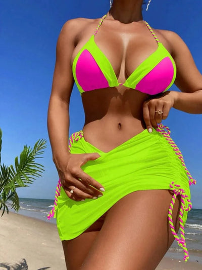 2025 Black Halter String 3 Piece Bikini Swimsuit Women
