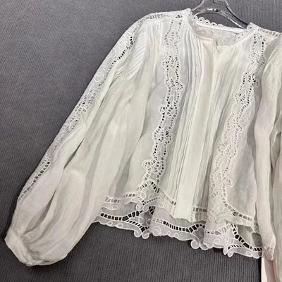 White Pink Tops Women Hollow Out Embroidery