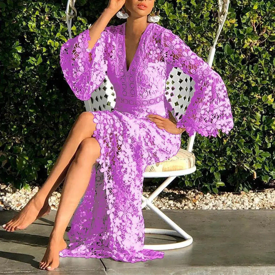 Summer Dress for Women See Through Hollow Out Sexy Long Dresses Long Sleeve V-Neck Lace Dress Loose Bohemian Loose Beach Smock