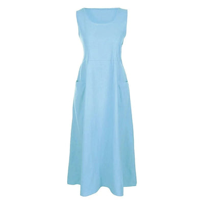 Cotton Linen Sleeveless Dress for Women Summer Pullover Skirt Vestidos Fashion Female Clothing Short Sleeved Loose Long Dress