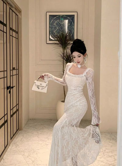 Women Korean Fashion Chic Luxury Evening Dress Autumn Winter White Lace Diamond Square Collar Dress 2025 Elegant Mermaid Dresses
