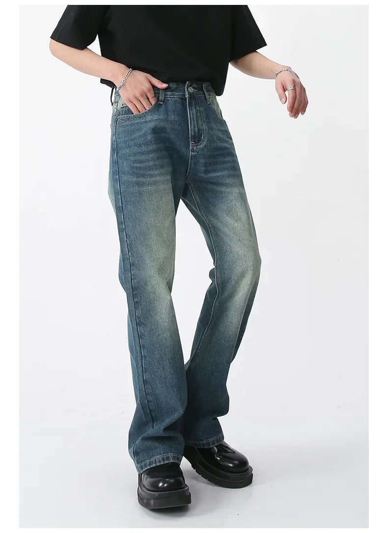 Jeans Denim Pants Men Long Flare Pant Straight Trousers High Waist Casual Regular Pockets Slim Fit Splice Simple Autumn 2024