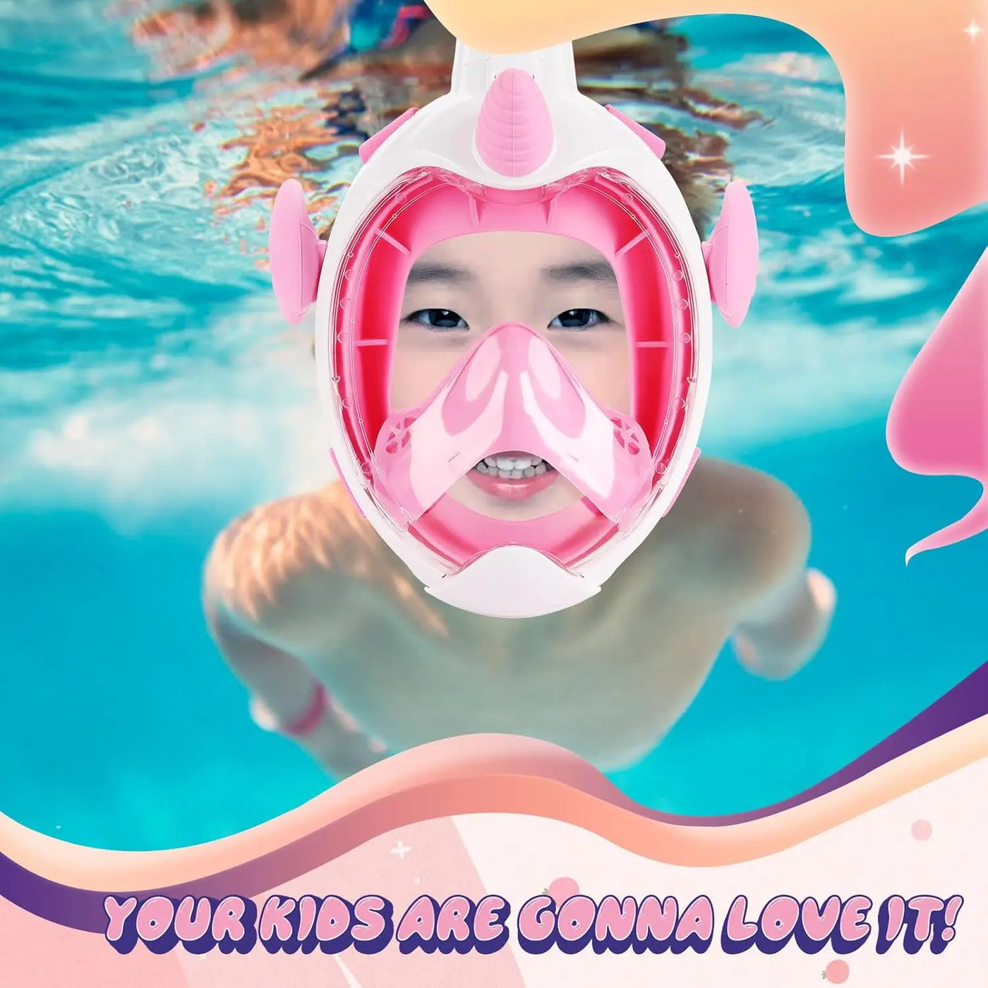 Unicorn Full Face Snorkel Mask Kids Anti-Fog Waterproof Safe Design Single Breathing Hose Comfort Fit Children Underwater Swim