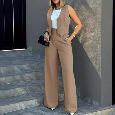 Trousers Suit Women's Vest Trousers Suit Elegant Loose Regular Work Suit High Waist Wide-leg Trousers 2-piece Street Suit