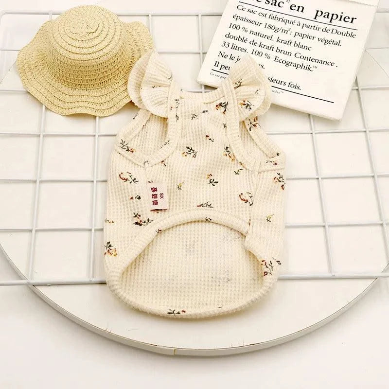 New Pet Clothes Summer Cotton New Cat Clothes Cat Waffle Floral Bow Vest Fashion Flying Sleeves Puppy Clothes Girl