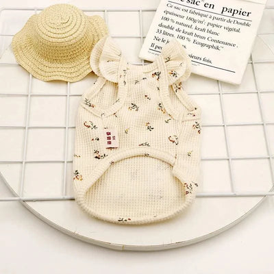 New Pet Clothes Summer Cotton New Cat Clothes Cat Waffle Floral Bow Vest Fashion Flying Sleeves Puppy Clothes Girl