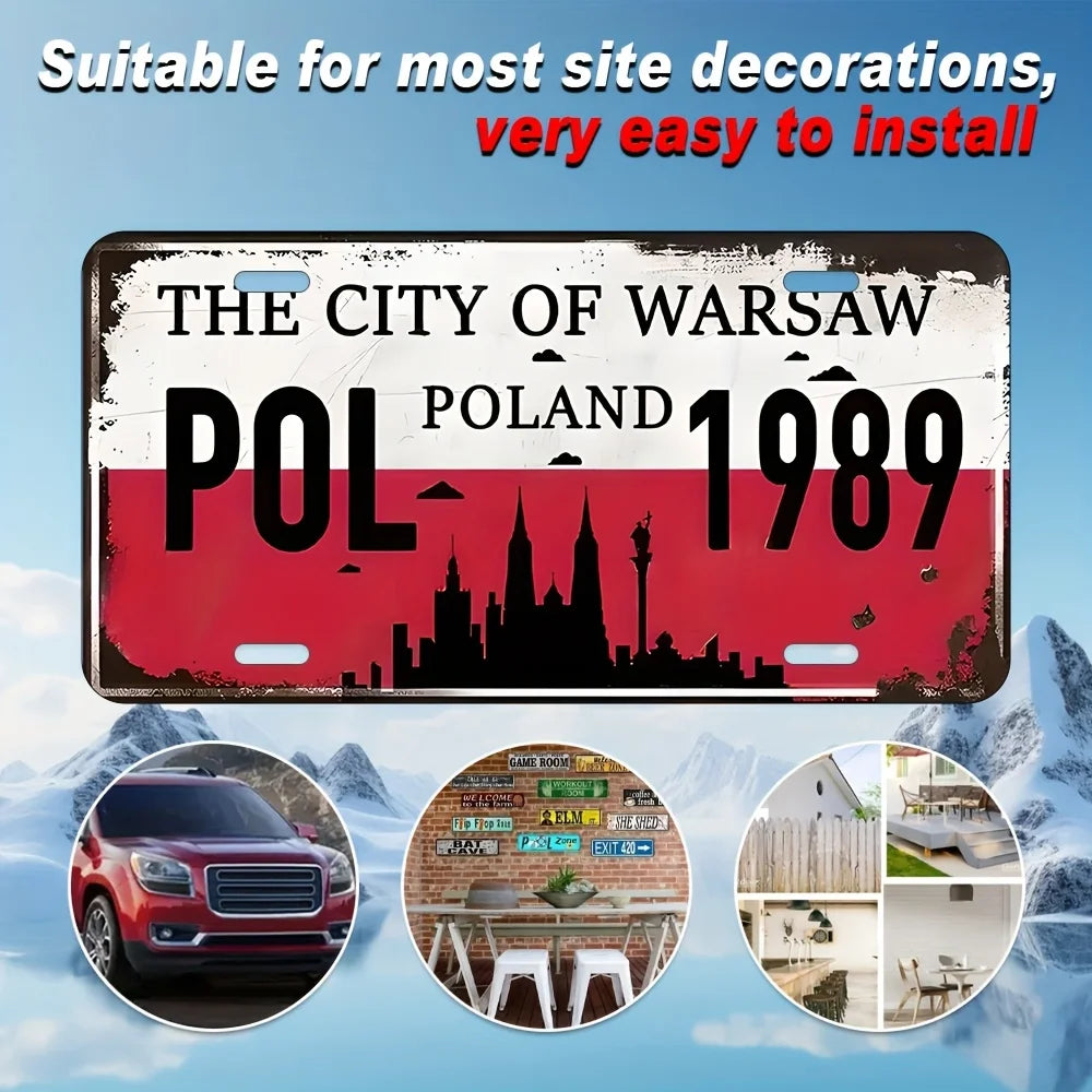 Warsaw 1989 Aluminum Wall Art -  Retro Metal License Plate with Cityscape Design, Polish Flag & "POL" Text, Durable Decor for H