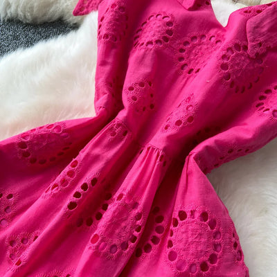 French Vintage Hollow Out Embroidery Butterfly Bow Bandage Slip Dress A-line Chic Casual Beach Vacation Women Summer Dresses