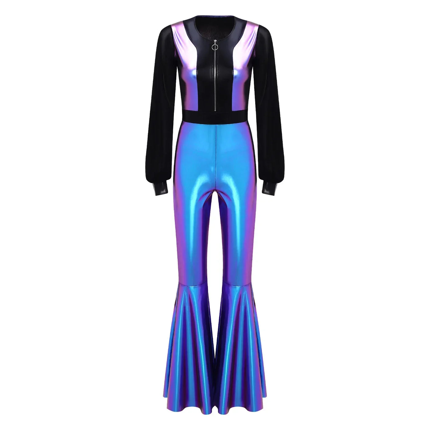Womens Vintage 70s 80s Disco Dance Jumpsuit Mesh Long Sleeve Bell Bottom Pants Metallic Shiny Rompers Bodysuit Halloween Costume