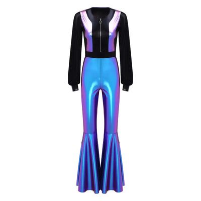 Womens Vintage 70s 80s Disco Dance Jumpsuit Mesh Long Sleeve Bell Bottom Pants Metallic Shiny Rompers Bodysuit Halloween Costume