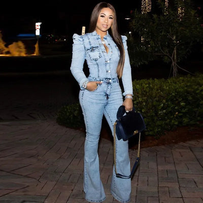 Full Length Overalls Women Jeans Bleached Washed Denim Mid Waist Jumpsuits Single Breasted Sashes Spliced Vintage Casual