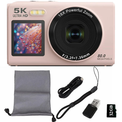 Digital Camera CCD Dual Screen Portable Digital Camera with18X Zoom 5K Vlogging Camera 80MP CCD Selfie Camera with 64GB Card