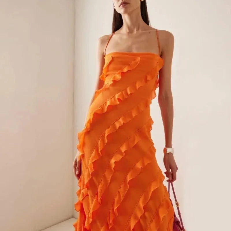 Summer Women Floral Print Party Dress Elegant New Fashion Strap V Neck High Waist Halter Corset Ruffle Evening Long Dress Robe