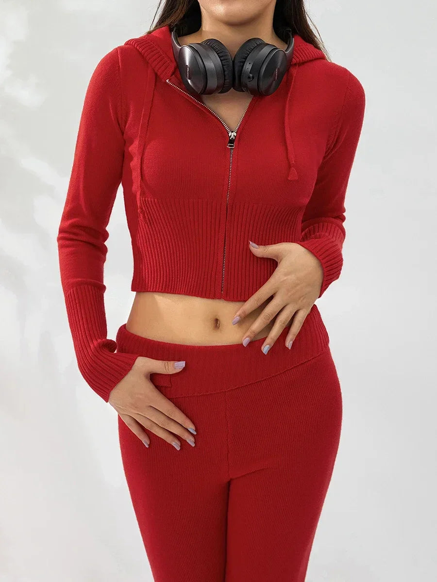Women Tracksuit  Knit Lounge Set Long Sleeve Zip Up Hoodie with High Waist Wide Leg Pant 2 Piece Sweater Ensemble Casual Set