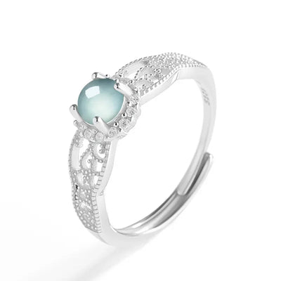Light luxury Natural A-grade Jade Blue Water Ring Ice Jadeite Fashionable S925 Silver Inlaid Women's Jewelry Adjustable