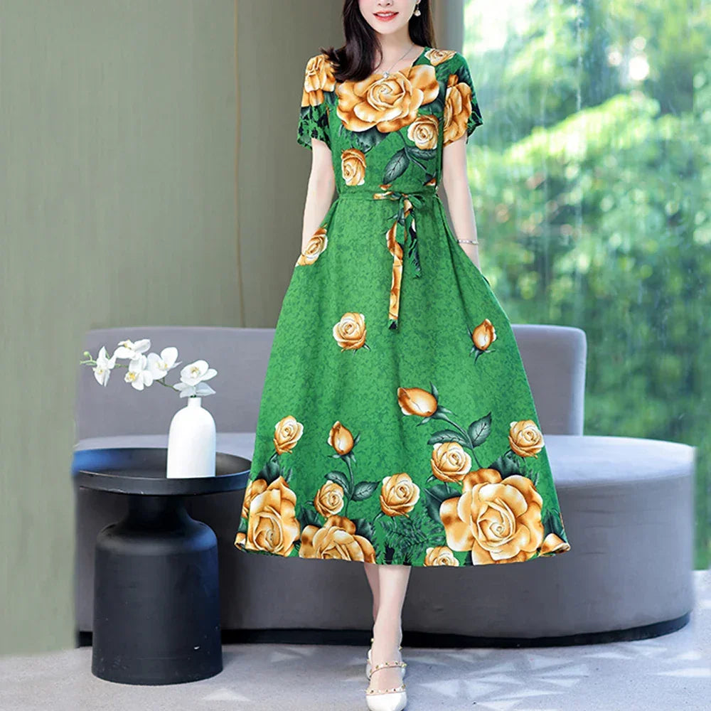New Fashion 2024 Print Summer Dresses For Women Short Sleeve O-Neck Elegant Summer Dress Woman Clothing