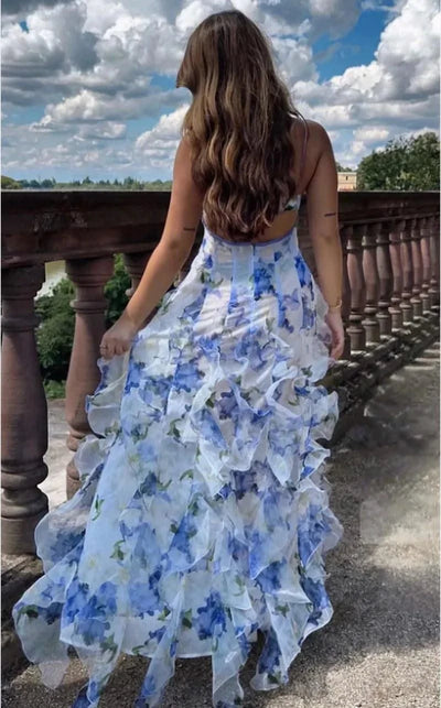 Summer Women Floral Print Party Dress Elegant New Fashion Strap V Neck High Waist Halter Corset Ruffle Evening Long Dress Robe