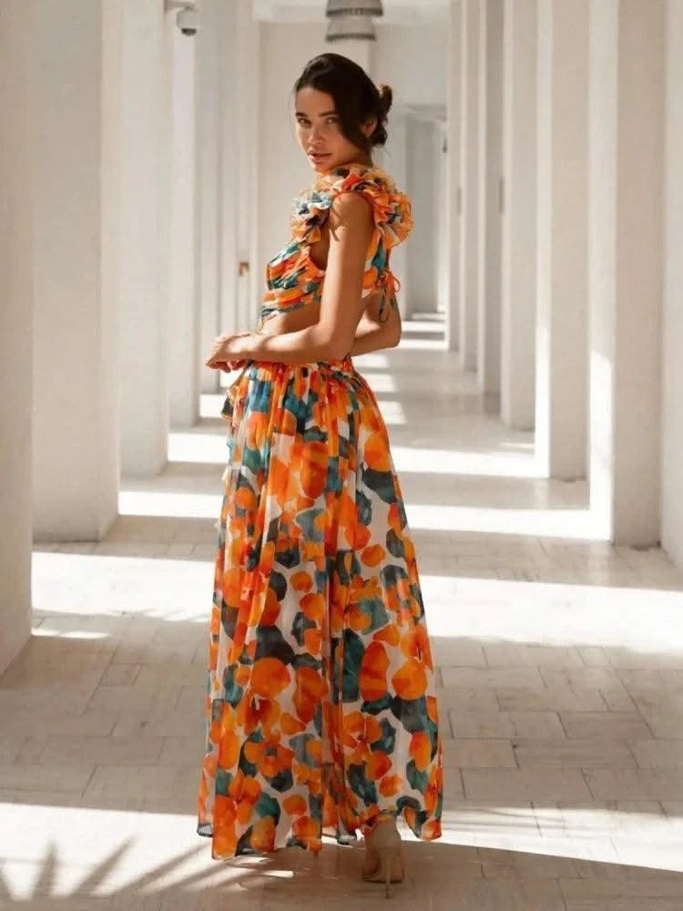 Summer Sleeveless Floral Dress for Women Deep V Neck Flower Print Backless Ruffles Long Dresses Beach Holiday Party Sundress