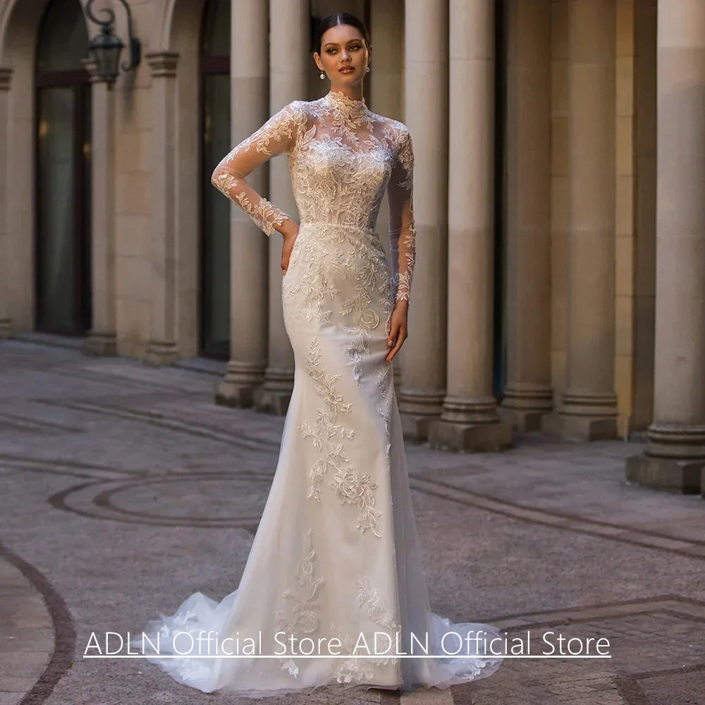 Woman Mermaid Wedding Dresses Vestido De Noiva Customized High Neck Full Sleeves Applique Detachable Train Bridal Gown