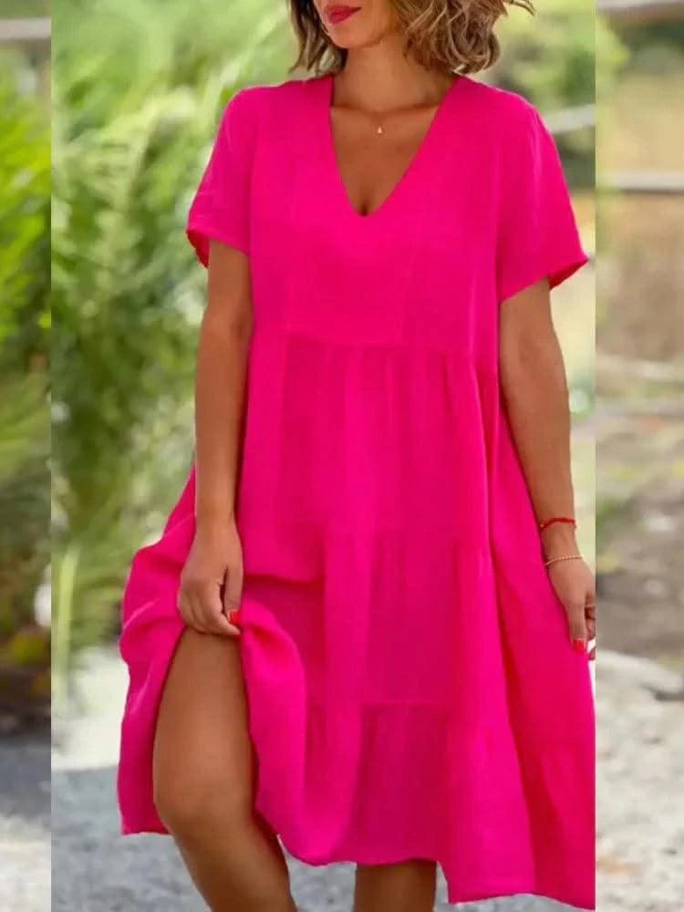2025 Summer Dress for Women New Fashion Short Sleeve V Neck Evening Party Dresses Casual Loose Knee Length Dress Robe