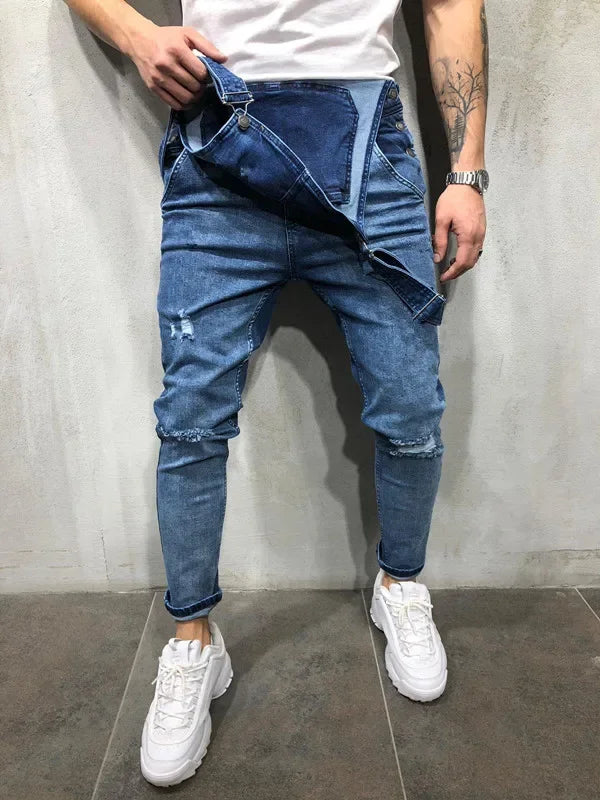 Men's Spring and Autumn Jeans, New Style Retro Casual All-match Ripped Dungarees, Fashionable High Street Trendy Brand Dungarees
