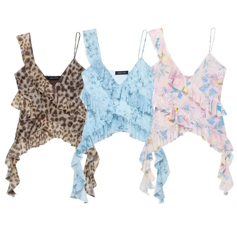 TRAF Leopard Crop Tops For Women Ruffle Sleeveless Printed Tops Summer Backless Tulle Camisole Top Woman Sexy Asymmetrical Top