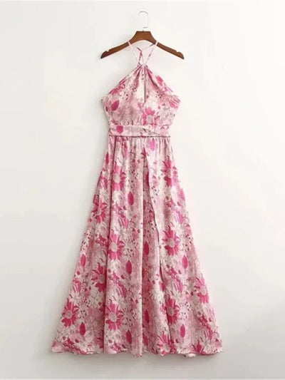 hirigin Floral Boho Elegant Dress Women Pink Flower Print Bohemian Beach Style Summer Mini Dress Ruffled Backless Sundress 2022