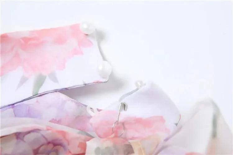 Elegant Floral Short Dress Summer Holiday Outfits Women Layered Party Dresses Sexy Halter Bow Lace-up Ruffled Hem Puffy Dress
