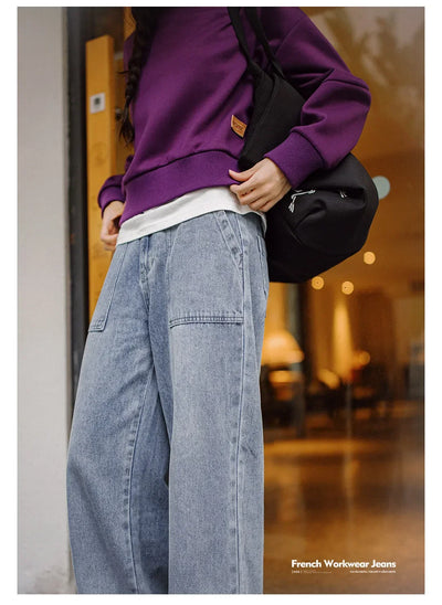 Maden Vintage Straight Denim Jeans with Washed YKK Zipper Loose Fit Casual Trousers for Women's Fall and Winter Versatile Pants