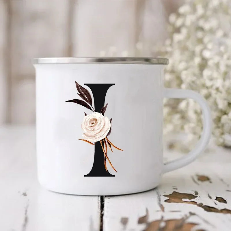 Initial Letter Print Mugs Enamel Creative Coffee Cups Drinks Wine Juice Milk Cup Vintage Home Office Handle Drinkware Best Gifts