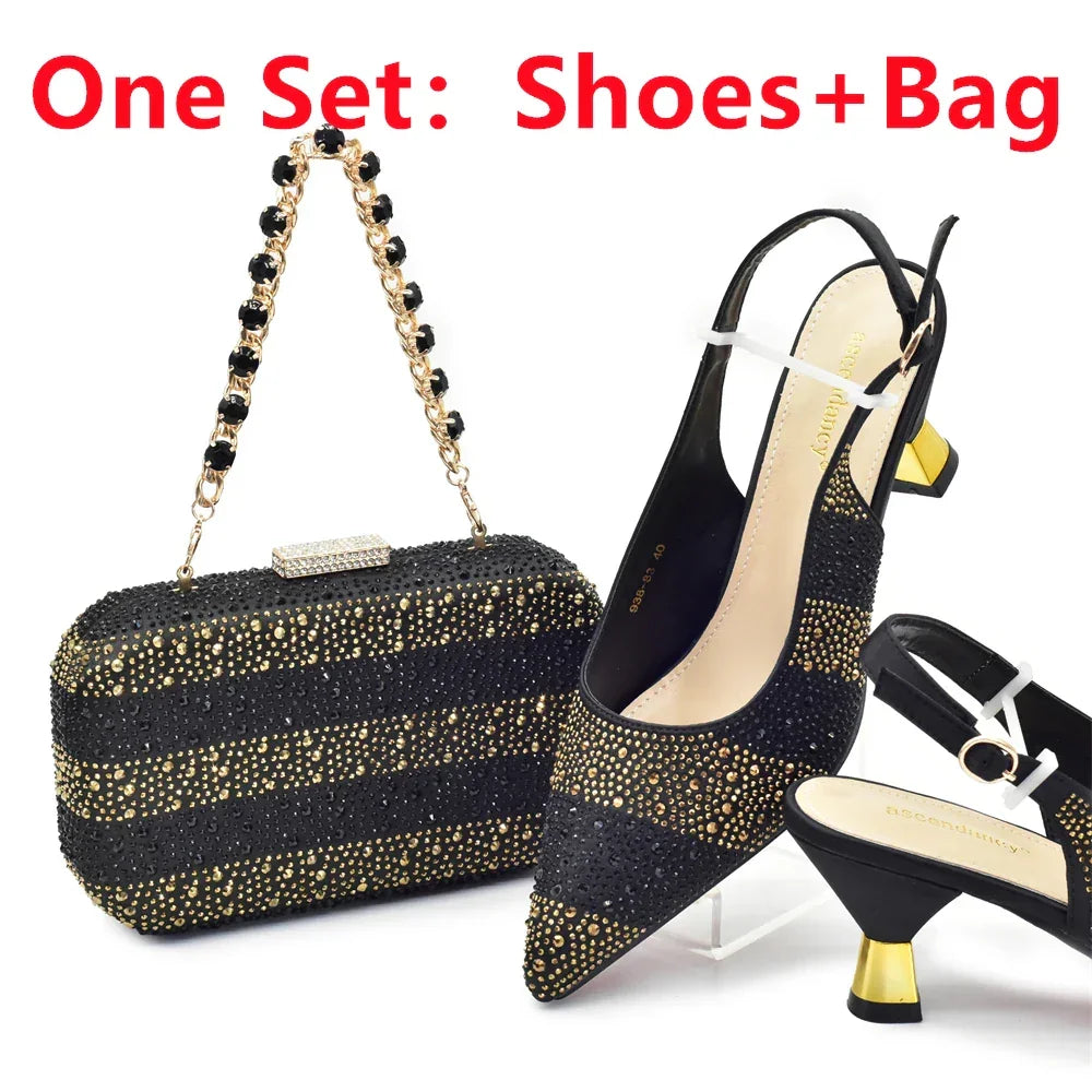 African Shoe and Bags Set for Wedding Women Shoes and Bags To Match Set with Rhinestone Italy Lady Pumps Women Shoes Luxury