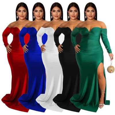 Wmstar Plus Size Party Dresses for Women Off Shoulder V Neck Slip Hem Elegant Full Length Maxi Dress Wholesale Dropshipping 2022