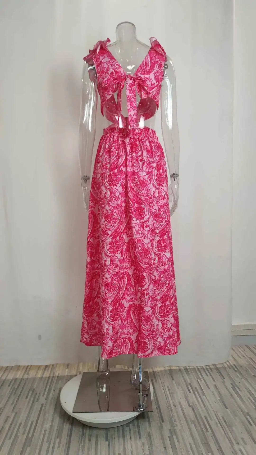2025 Dress For Women Spring New Printed Deep V Sexy Exposed Waist Hollow Pleated Slit Long Dress Elegant Birthday Party Vestidos - Elanique