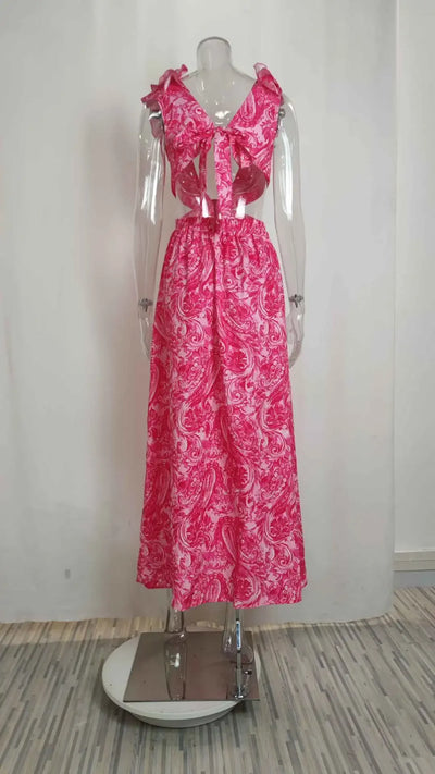 2025 Dress For Women Spring New Printed Deep V Sexy Exposed Waist Hollow Pleated Slit Long Dress Elegant Birthday Party Vestidos - Elanique
