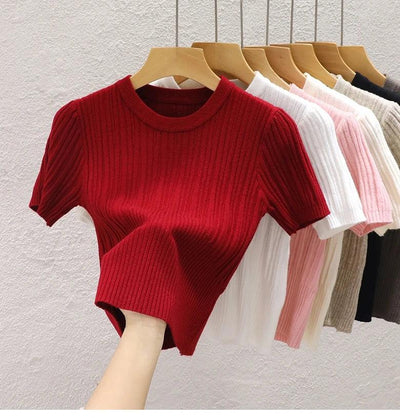 Summer T shirts for Women Casual Female Korean Knit Streetwear Tees Basic Solid Young Cool Tops