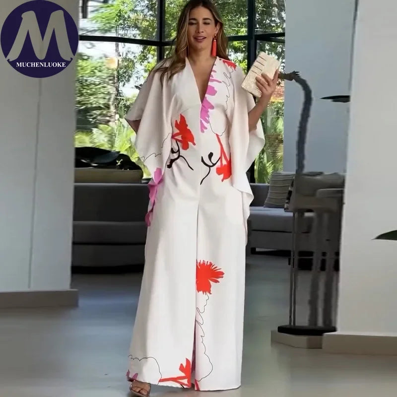 Jumpsuits for Woman Summer Printing Three Quarter Sleeves V Neck Jumpsuits Fashionable Casual Loose Women's Wide-leg Jumpsuit