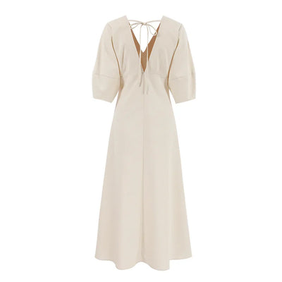 Retro Cotton Linen Women'S Summer Dress Sexy V-Neck Puff Sleeve Long Maxi Birthday Graduation Dresses Beach Sundress Robe Femmes