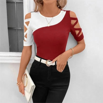 Women's Blouses T-shirt Summer New Colour Block Cross Off Shoulder