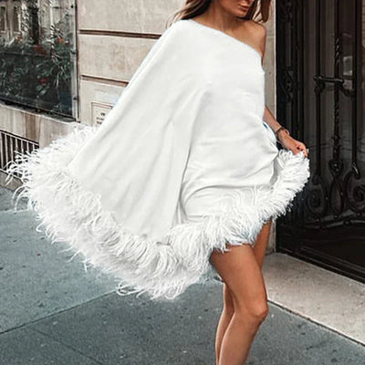 Women Elegant Club Dress Mujer Sexy One Shoulder Sleeve Feather Hem Cloak Dress Autumn Winter Ladies Party Loose Backless Dress