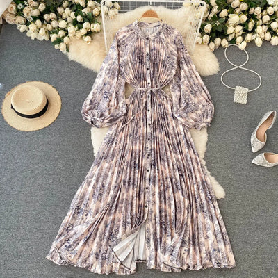Retro Print Elegant Pleated Lace-up Chiffon Long Sleeve Dress A-line Blouse French Casual V-neck High Waist Women Summer Dresses